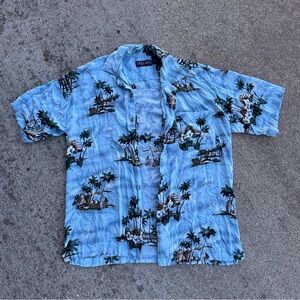 Tres Bien Blue Tropical Print Aloha Hawaiian Shirt